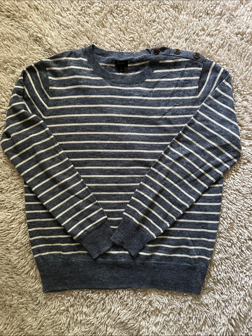 J. Crew Navy and White Striped Crewneck Sweater with Shoulder Buttons